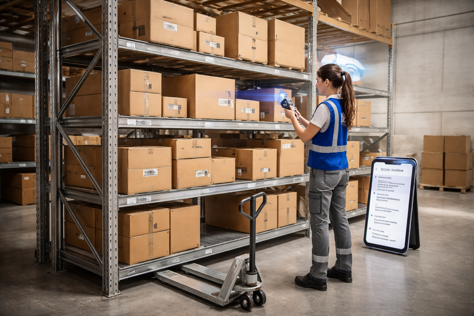 Agent scannant des codes-barres en entrepôt avec PinnaStock